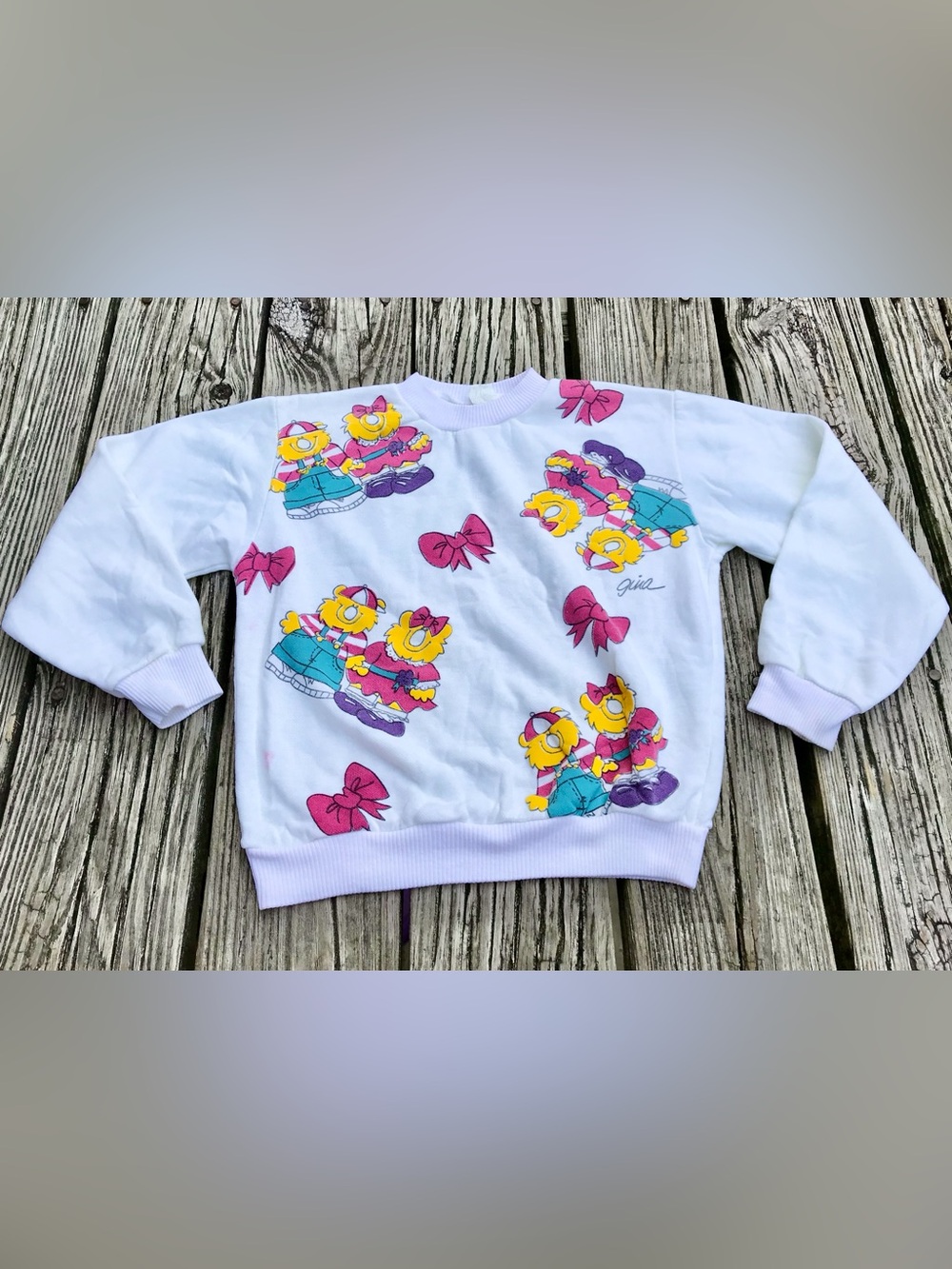 80s Vintage Girls 10 12 GINA White Cartoon Print Pullover Sweatshirt